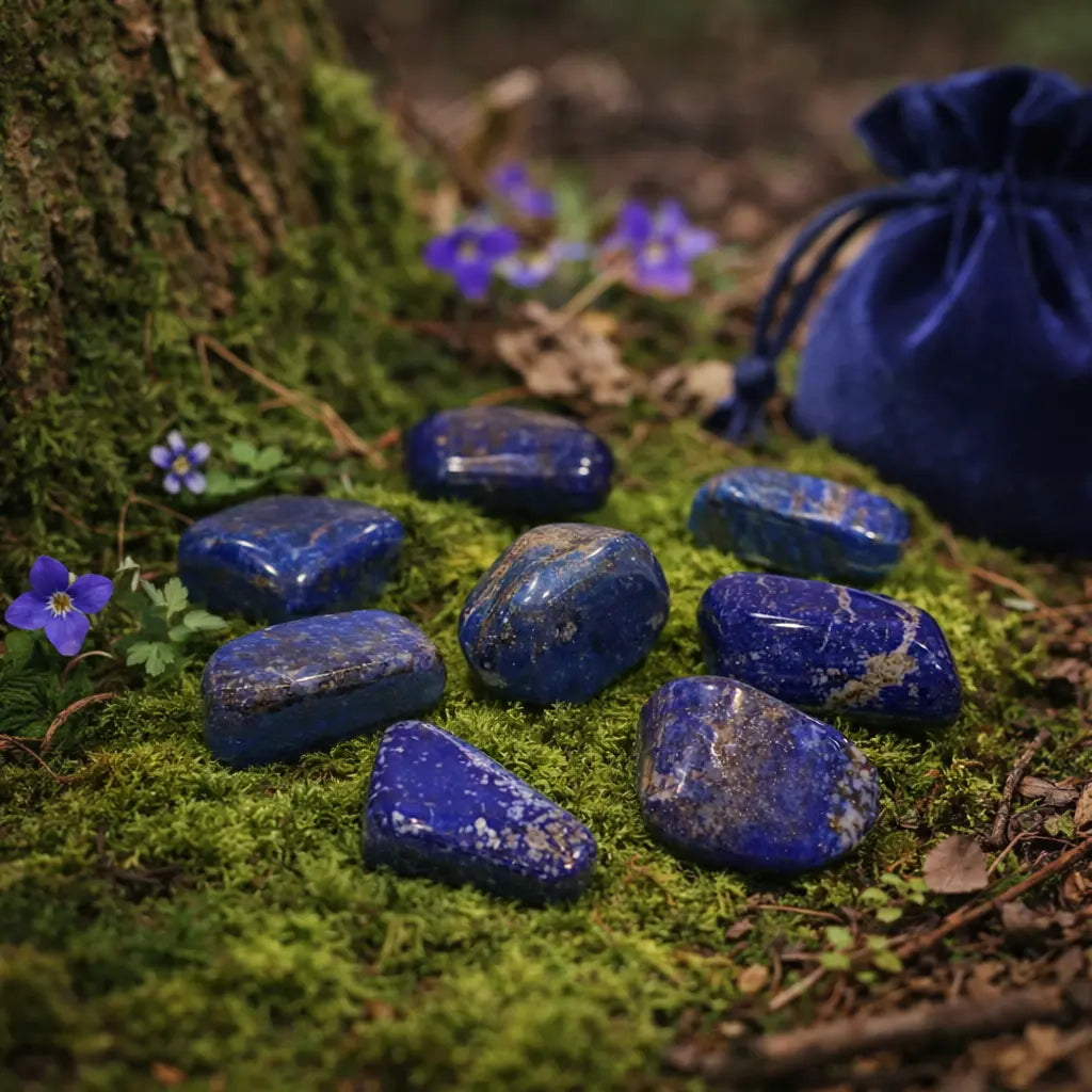 Huit pierres de lapis lazuli polies d'un bleu intense avec des marques naturelles grises et dorées, disposées sur de la mousse verte avec un pochon en velours bleu.