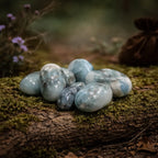 Un groupe de pierres de larimar extra roulées aux nuances bleu azur et marbrées de blanc, disposé sur une branche d'arbre couverte de mousse dans un sous-bois.