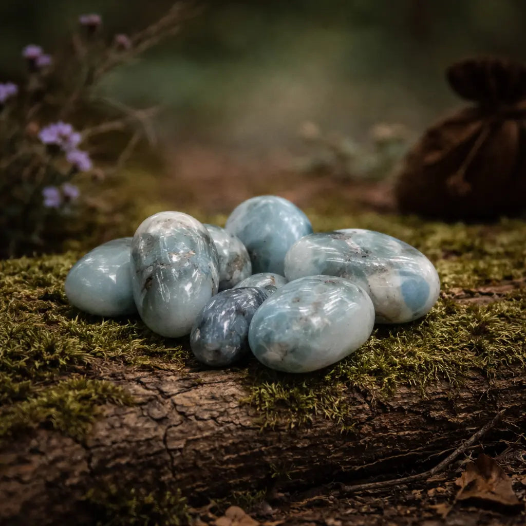 Un groupe de pierres de larimar extra roulées aux nuances bleu azur et marbrées de blanc, disposé sur une branche d'arbre couverte de mousse dans un sous-bois.