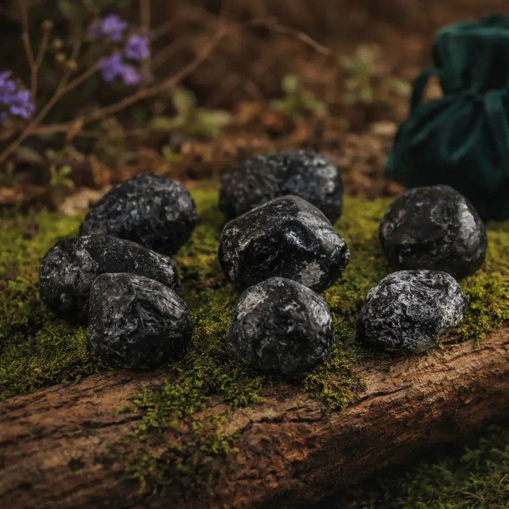 Huit pierres de Larme d'Apache brutes, de forme ovoïde et d'un noir profond mat, disposées circulairement sur un tronc d'arbre moussue avec un pochon vert en arrière-plan.