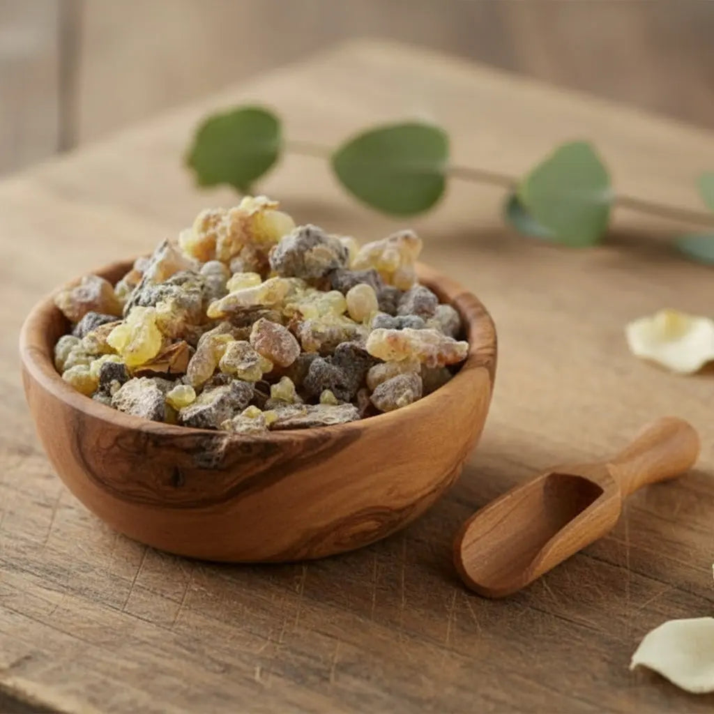 Larmes de résine Somalie (encens Oliban), mélange de morceaux jaunes, gris et ambrés, dans un petit bol en bois d'olivier avec une cuillère, sur une planche de bois rustique.