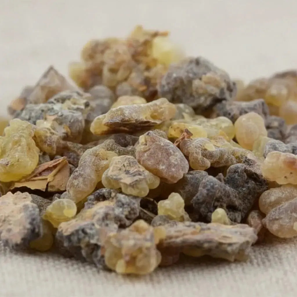 Gros plan sur un monticule de Larmes de résine Somalie, montrant de gros morceaux irréguliers, principalement jaunes/ambrés et gris-bruns foncés, sur un tissu beige.