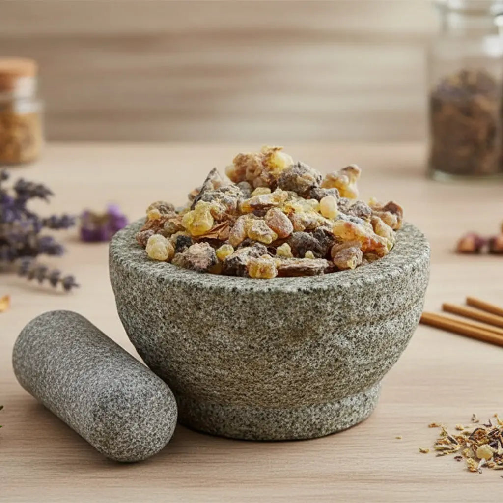 Larmes de résine Somalie (Oliban jaune et gris) dans un mortier en granit gris avec pilon, entouré de brins de lavande séchée et de bâtonnets d'encens.