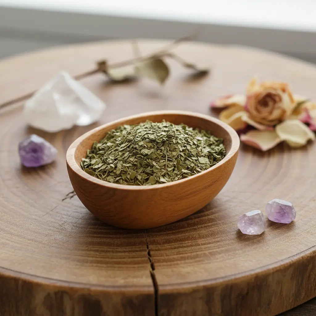 Feuilles de laurier séchées en copeaux dans une coupelle en bois, sur tranche de bois avec cristaux et rose séchée.
