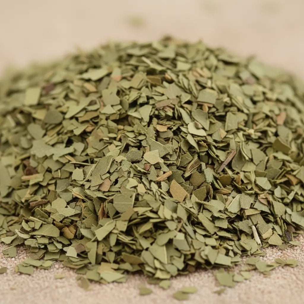 Gros plan sur des feuilles de laurier séchées, finement émiettées en petits copeaux verts.