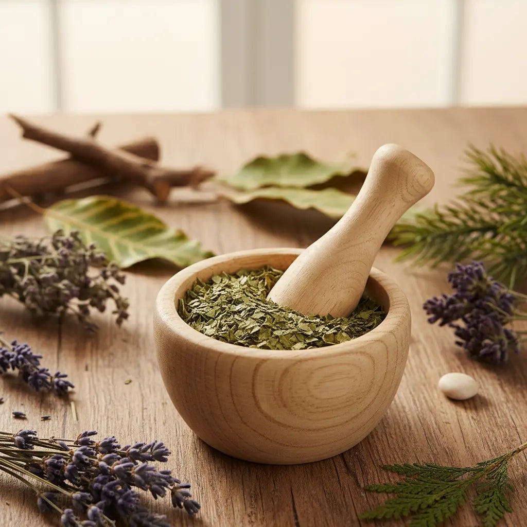 Feuilles de laurier séchées émiettées dans un mortier en bois, entouré de lavande et de rameaux verts sur une table.