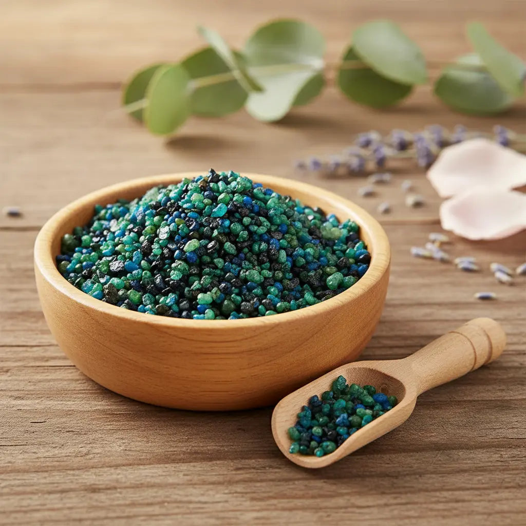 Grains d'encens de résine Lavande, mélange de teintes bleu et vert foncé, dans un petit bol en bois clair avec une cuillère, sur une planche de bois rustique.