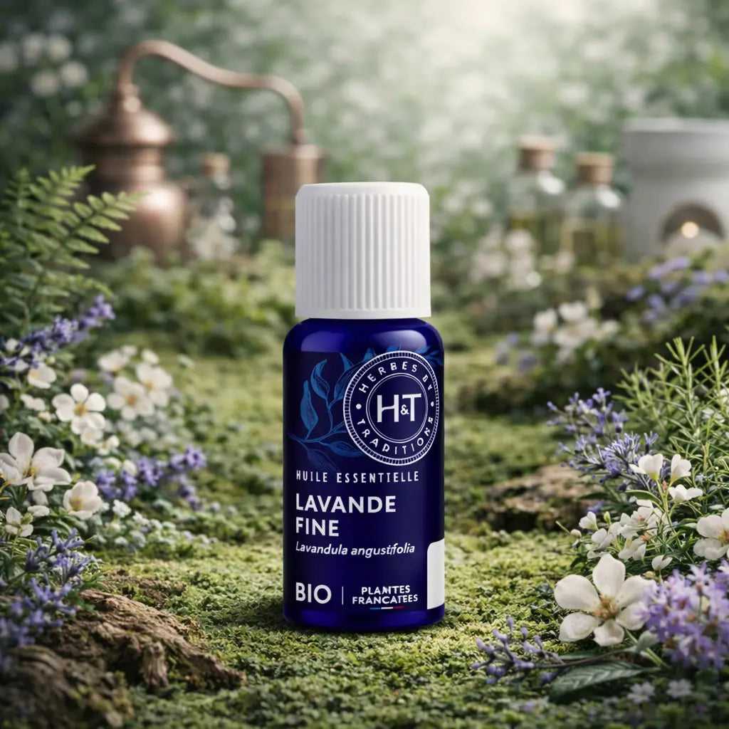 Flacon bleu d'huile essentielle de Lavande Fine Herbes et Traditions posé sur une mousse forestière avec des fleurs de lavande et un alambic traditionnel.