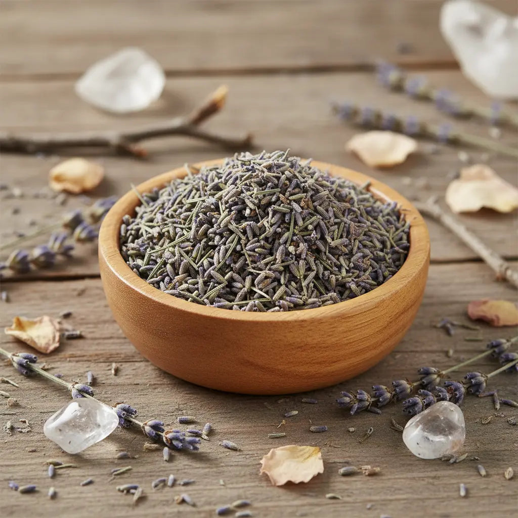 Fleurs de lavande séchées dans une coupelle en bois, sur table rustique avec cristaux et pétales.