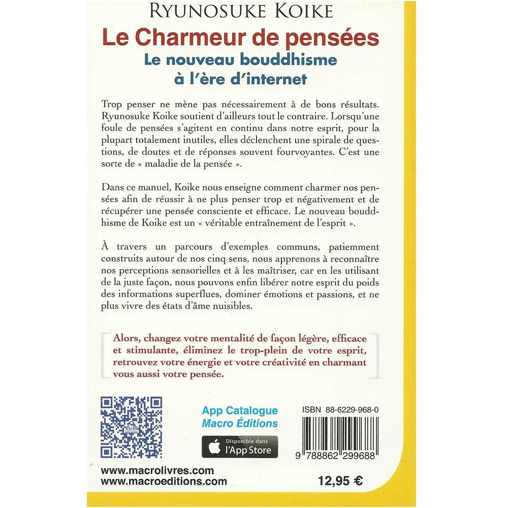 Le Charmeur de pensées illustré par le verso de sa couverture présentant un résumé détaillé de la philosophie de l'ouvrage sur un fond blanc encadré d'une bordure jaune, avec un code QR et un code-barres en bas.