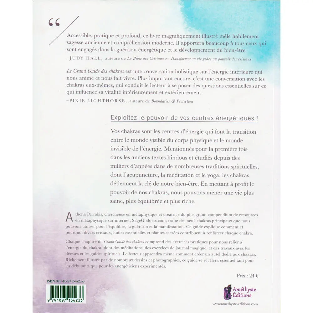 Le Grand Guide des chakras illustré par le verso de sa couverture présentant le résumé sur fond blanc entouré d'une frise d'aquarelle colorée.