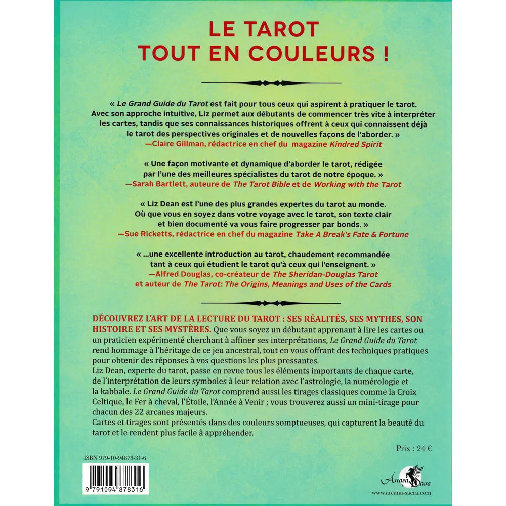Quatrième de couverture du livre Le Grand Guide du Tarot de Liz Dean, fond vert, titre Le tarot tout en couleurs !, citations et code-barres.