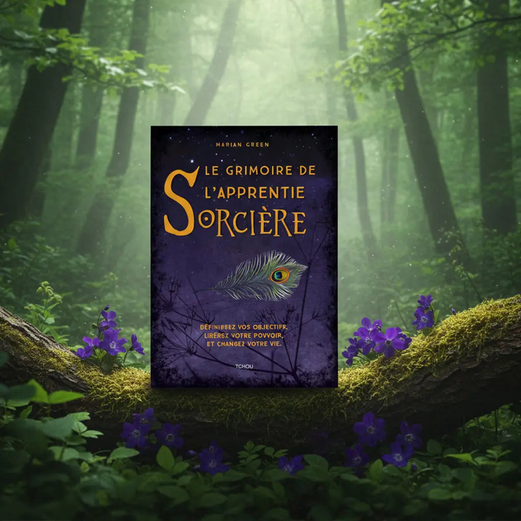 Livre violet Le Grimoire de l'Apprentie Sorcière de Marian Green posé sur une souche moussue, illustré d'une plume de paon lumineuse sur fond de nuit étoilée.