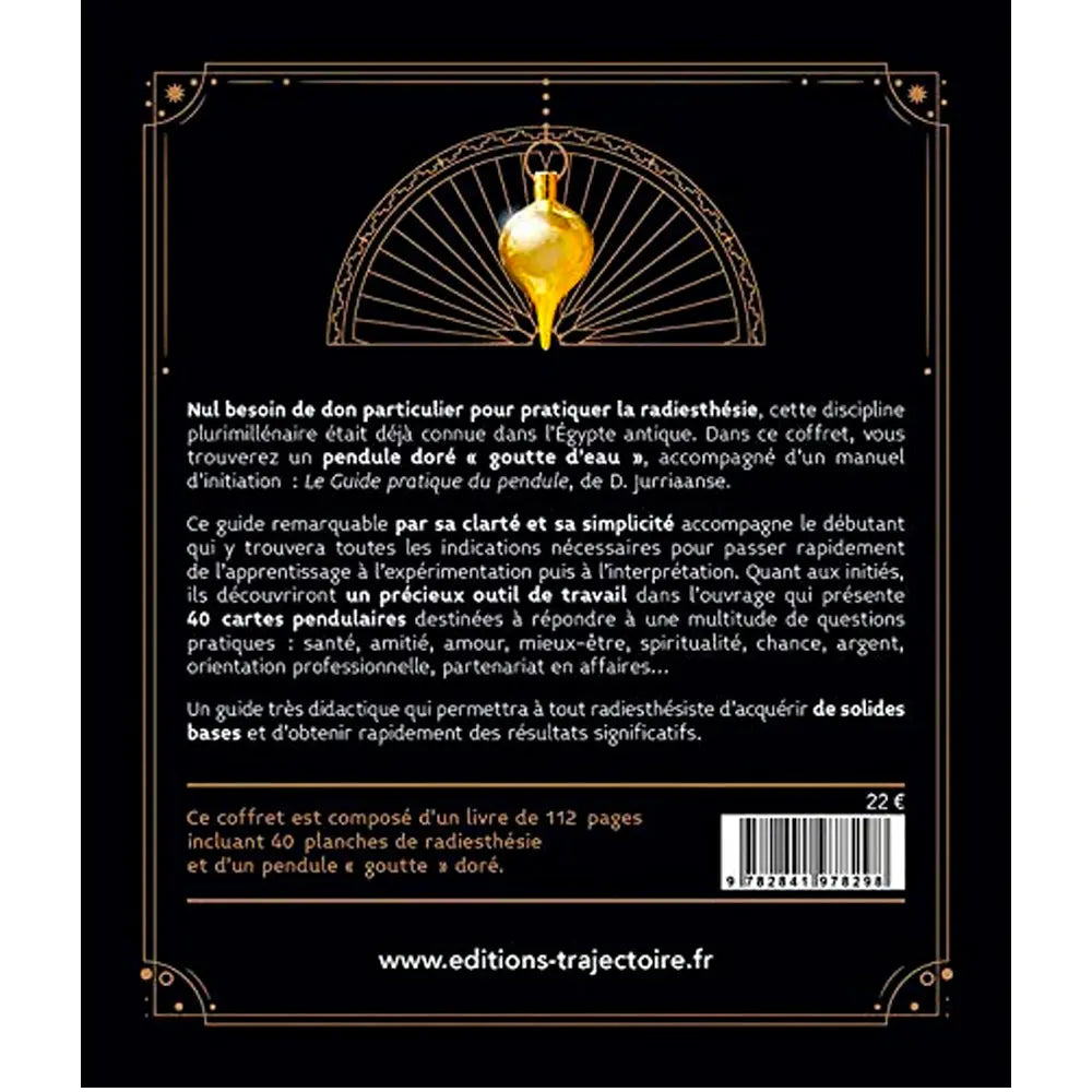 Quatrième de couverture du coffret « Le Guide Pratique du Pendule » de D. Jurriaanse, présentant un texte sur la radiesthésie et précisant son contenu : un livre de 112 pages incluant 40 planches, ainsi qu'un pendule « goutte » doré.