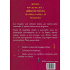 Le Livre des Bougies illustré par le verso de sa couverture présentant un résumé des thèmes du livre sur fond bordeaux, complété par trois petites bougies allumées en bas.