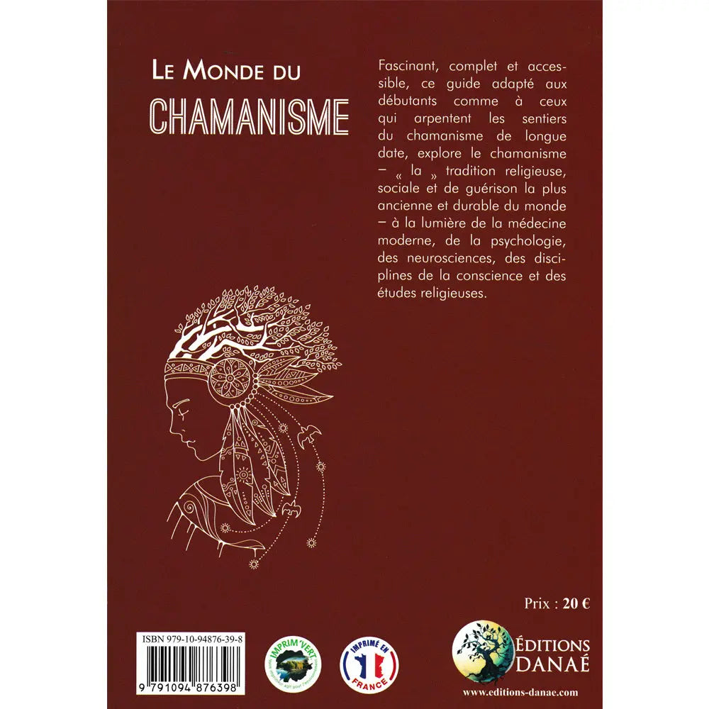 Le Monde du Chamanisme illustré par sa quatrième de couverture présentant un résumé textuel à côté du dessin de profil à la coiffe végétale.