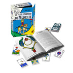 Le Petit Lenormand de Marseille de Gabriel Dabadie, illustré par son coffret, un livret ouvert et plusieurs cartes étalées aux dessins colorés de style Tarot de Marseille.