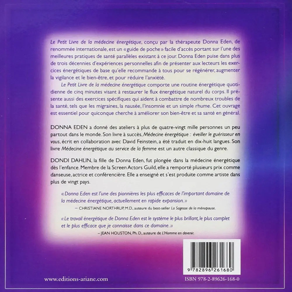 Le Petit Livre de la Médecine Énergétique illustré par sa quatrième de couverture présentant le résumé et les biographies sur fond dégradé violet.