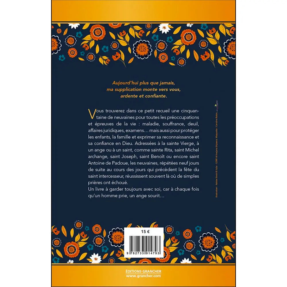 La quatrième de couverture du livre Petit Recueil de Neuvaines présente le résumé de l'ouvrage et le code-barres sur fond bleu foncé orné de fleurs.