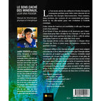 Le dos du livre "Le sens caché des minéraux, leur vrai pouvoir" de Judith Tedesco, présentant une réflexion sur l'énergie cosmique et minérale, une biographie de l'auteure avec sa photo, ainsi que la liste des thèmes traités (propriétés, soins, chakras) sur un fond texturé vert et noir.