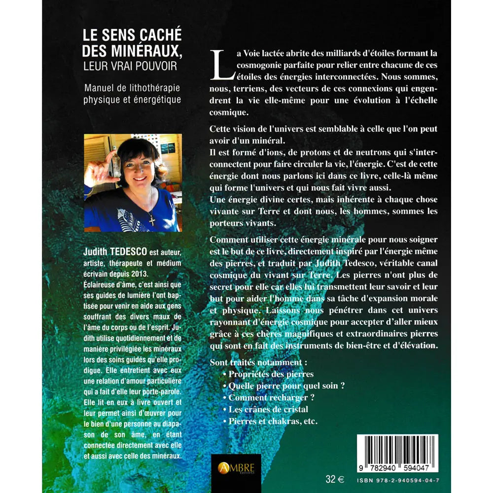 Le dos du livre "Le sens caché des minéraux, leur vrai pouvoir" de Judith Tedesco, présentant une réflexion sur l'énergie cosmique et minérale, une biographie de l'auteure avec sa photo, ainsi que la liste des thèmes traités (propriétés, soins, chakras) sur un fond texturé vert et noir.