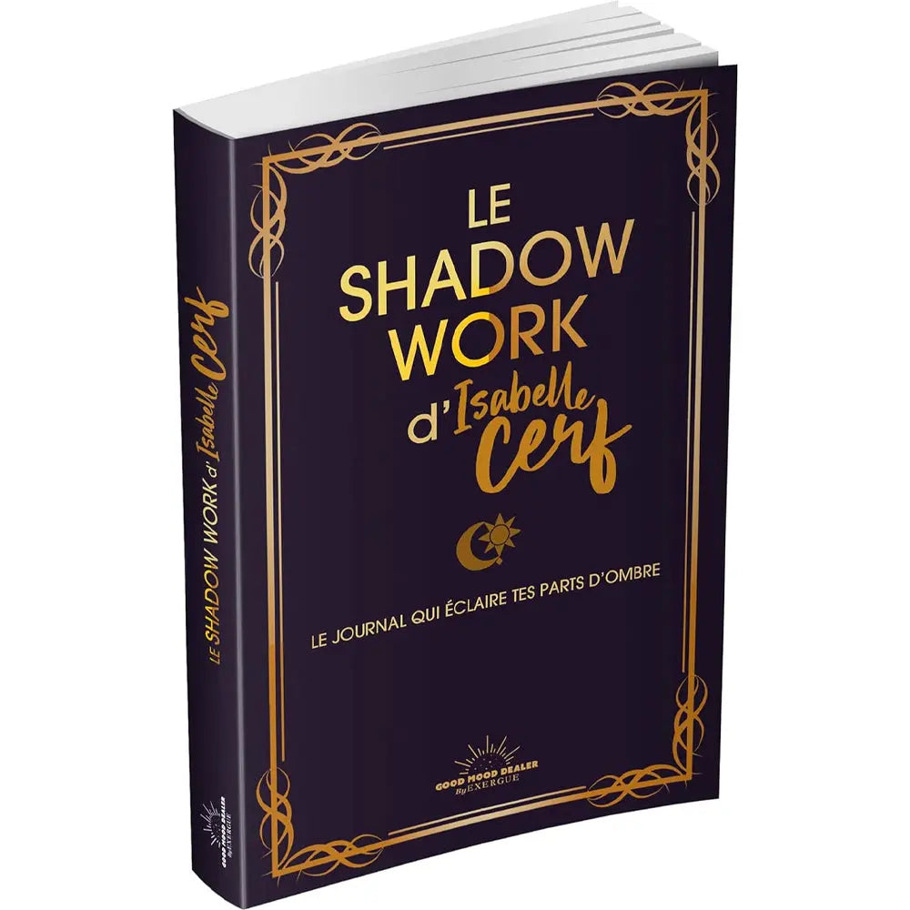 Le Shadow Work d'Isabelle Cerf, illustré par un petit croissant de lune et un soleil au centre, sur une couverture violet foncé encadrée de dorures.