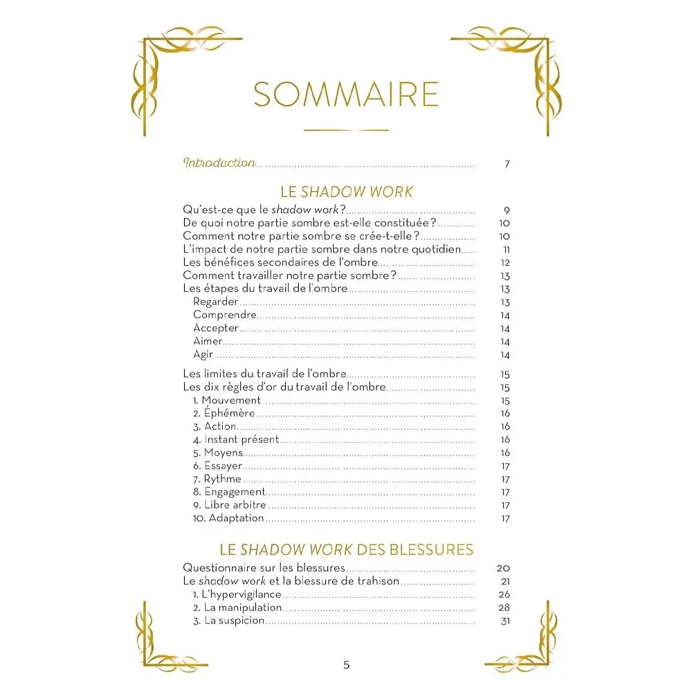 Le Shadow Work d'Isabelle Cerf, illustré par la première page de son sommaire listant les chapitres d'introduction et les étapes du travail de l'ombre sur fond blanc orné d'angles dorés.