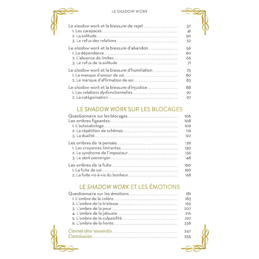 Le Shadow Work d'Isabelle Cerf, illustré par la seconde page de son sommaire listant les rituels et les bilans sur fond blanc aux détails dorés.