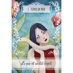 Carte « 3 – Esprit en paix » : illustration d’une femme aux cheveux noirs tenant un serpent blanc, encadrée de motifs floraux sur fond bleu-vert, avec la phrase « La paix est un état d’esprit. »