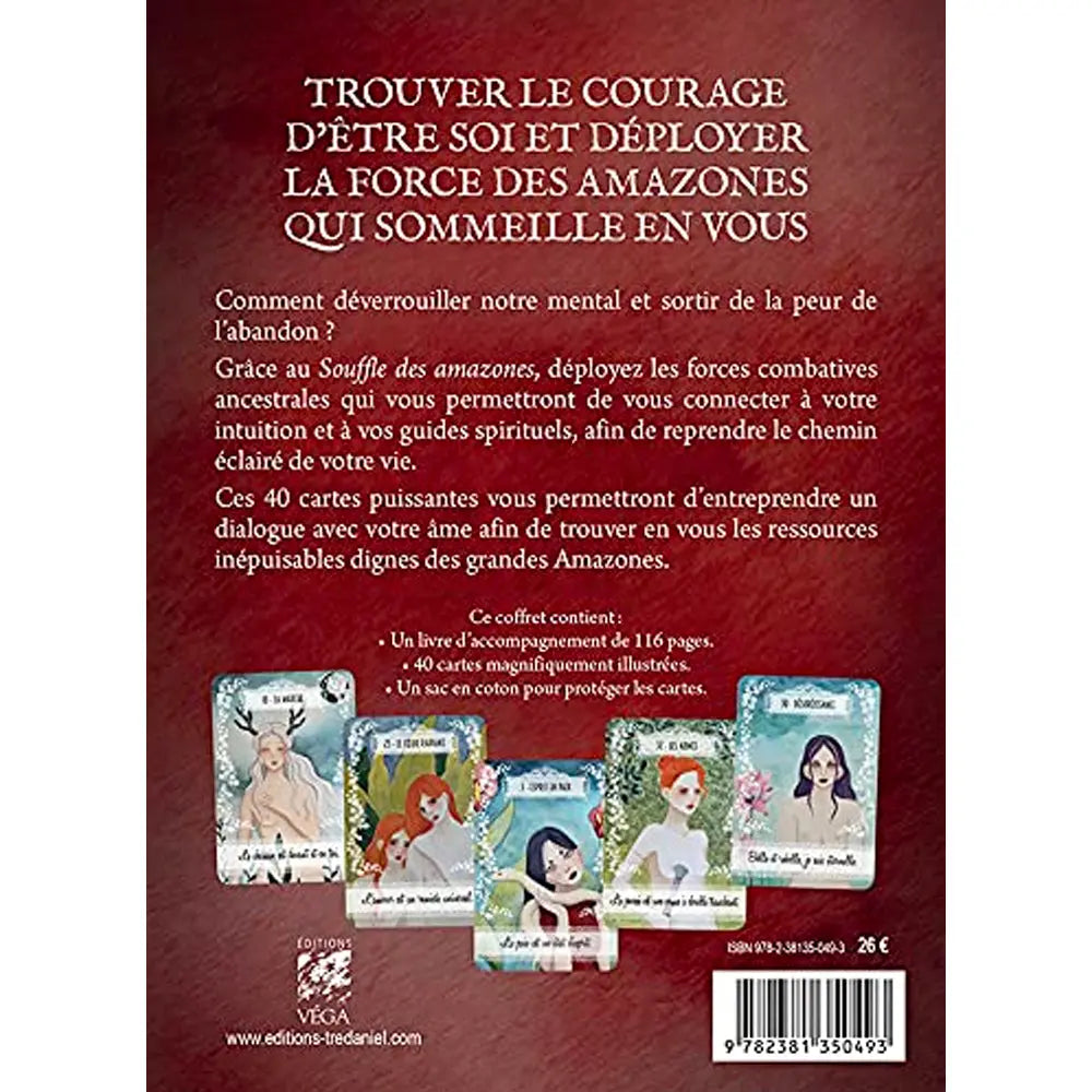 Quatrième de couverture « Le Souffle des Amazones » : texte de présentation blanc sur fond rouge, avec en bas des miniatures de cinq cartes illustrées, le logo des éditions Véga et un code-barres.