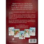 Quatrième de couverture « Le Souffle des Amazones » : texte de présentation blanc sur fond rouge, avec en bas des miniatures de cinq cartes illustrées, le logo des éditions Véga et un code-barres.