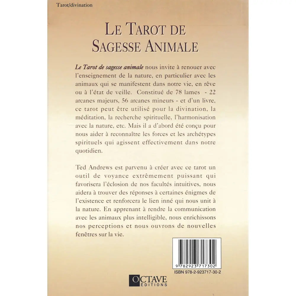 “Le Tarot de Sagesse Animale” : verso beige avec texte de présentation, code-barres et logo Octave Éditions en bas.