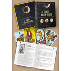 Présentation du coffret « Le Tarot Rider-Waite » avec étui, livret ouvert et plusieurs cartes de tarot illustrées.