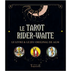 Couverture du coffret « Le Tarot Rider-Waite », fond noir avec motifs dorés et trois médaillons illustrés.