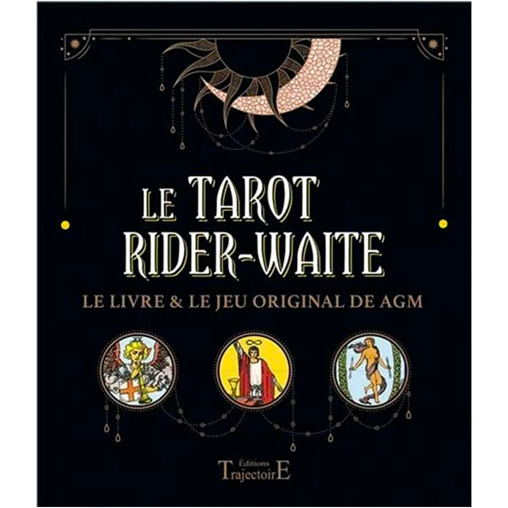 Couverture du coffret « Le Tarot Rider-Waite », fond noir avec motifs dorés et trois médaillons illustrés.