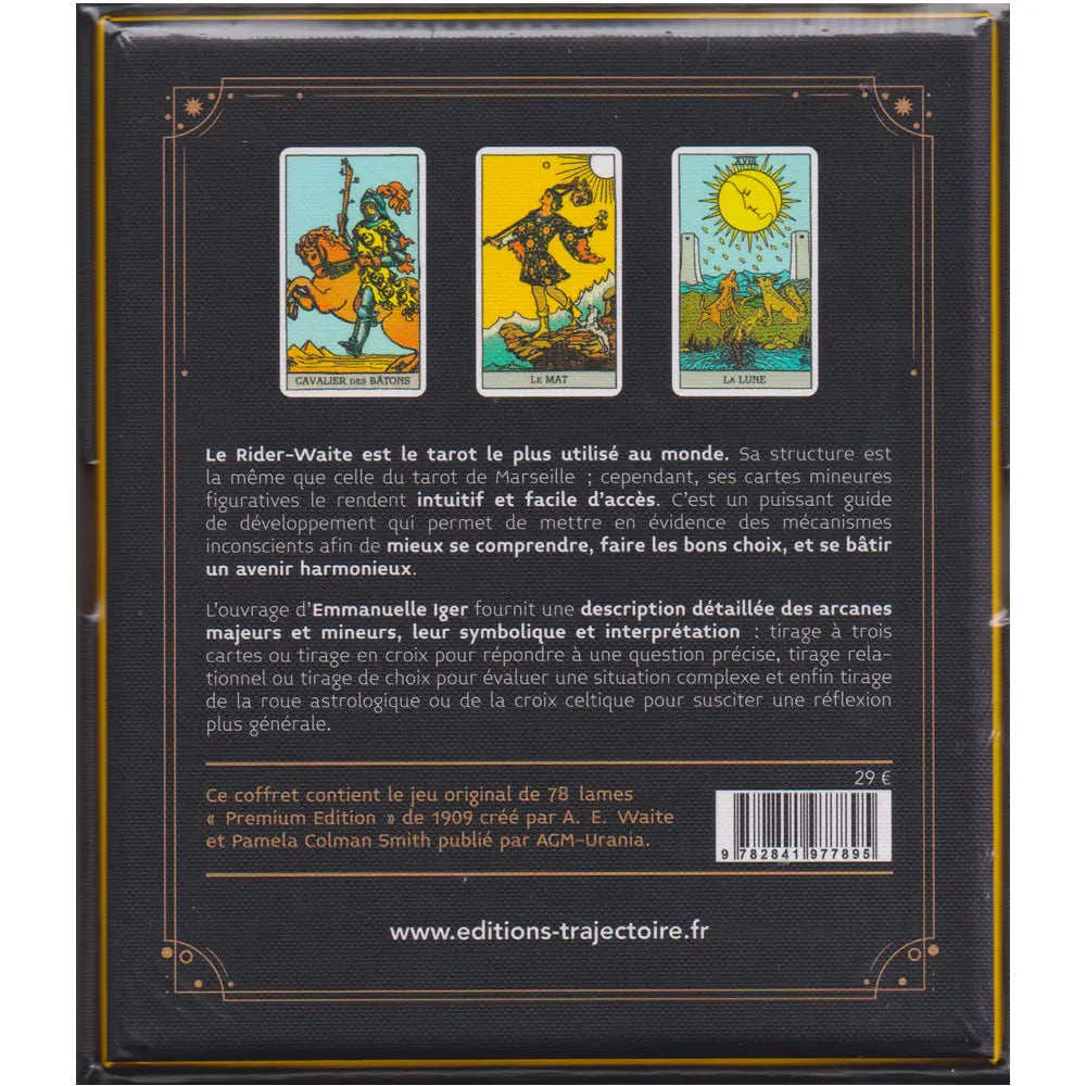 Dos du coffret « Le Tarot Rider-Waite », avec texte de présentation, trois cartes illustrées et code-barres.