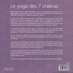 Le Yoga des 7 Chakras de Huguette Declercq, illustré par sa quatrième de couverture présentant les fondements et bienfaits du livre sur un fond violet au motif géométrique de fleur de vie.