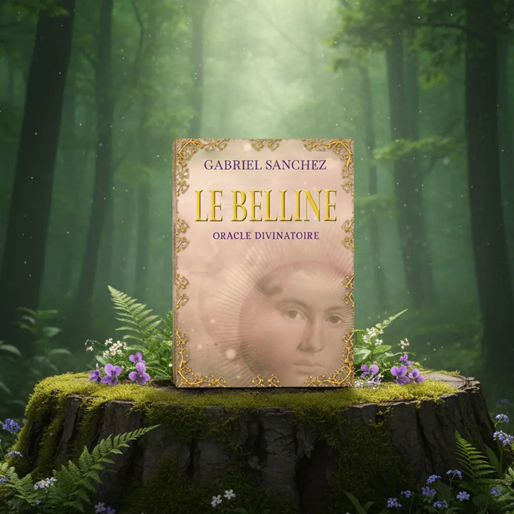 Coffret doré Le Belline - Oracle Divinatoire de Gabriel Sanchez posé sur une souche en forêt, illustré d'un visage solaire apaisé et rayonnant.