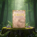Coffret doré Le Belline - Oracle Divinatoire de Gabriel Sanchez posé sur une souche en forêt, illustré d'un visage solaire apaisé et rayonnant.