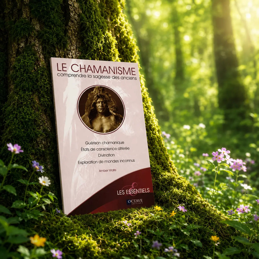 Livre Le Chamanisme - Comprendre la sagesse des anciens sur mousse sacrée au pied d'un arbre, entouré de fleurs violettes sous des rayons de soleil magiques.