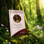 Livre Le Chamanisme - Comprendre la sagesse des anciens sur mousse sacrée au pied d'un arbre, entouré de fleurs violettes sous des rayons de soleil magiques.