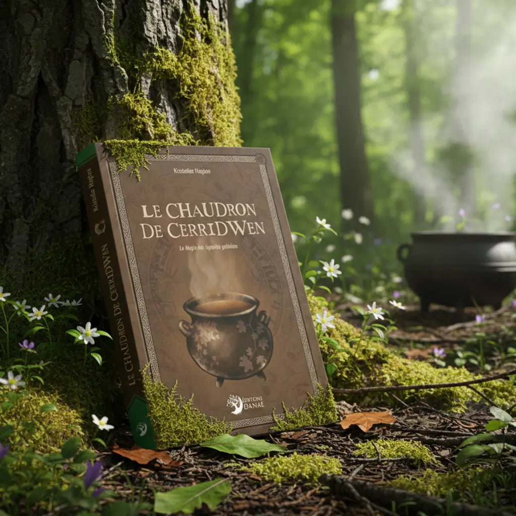 Livre Le Chaudron de Cerridwen La Magie des Légendes Galloises de Kristoffer Hughes posé contre un arbre moussu en forêt, avec un chaudron fumant en arrière-plan.
