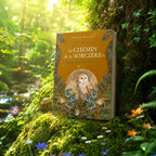 Livre Le Chemin de la Sorcière sur mousse sacrée au pied d'un arbre, entouré de fleurs violettes sous des rayons de soleil magiques.