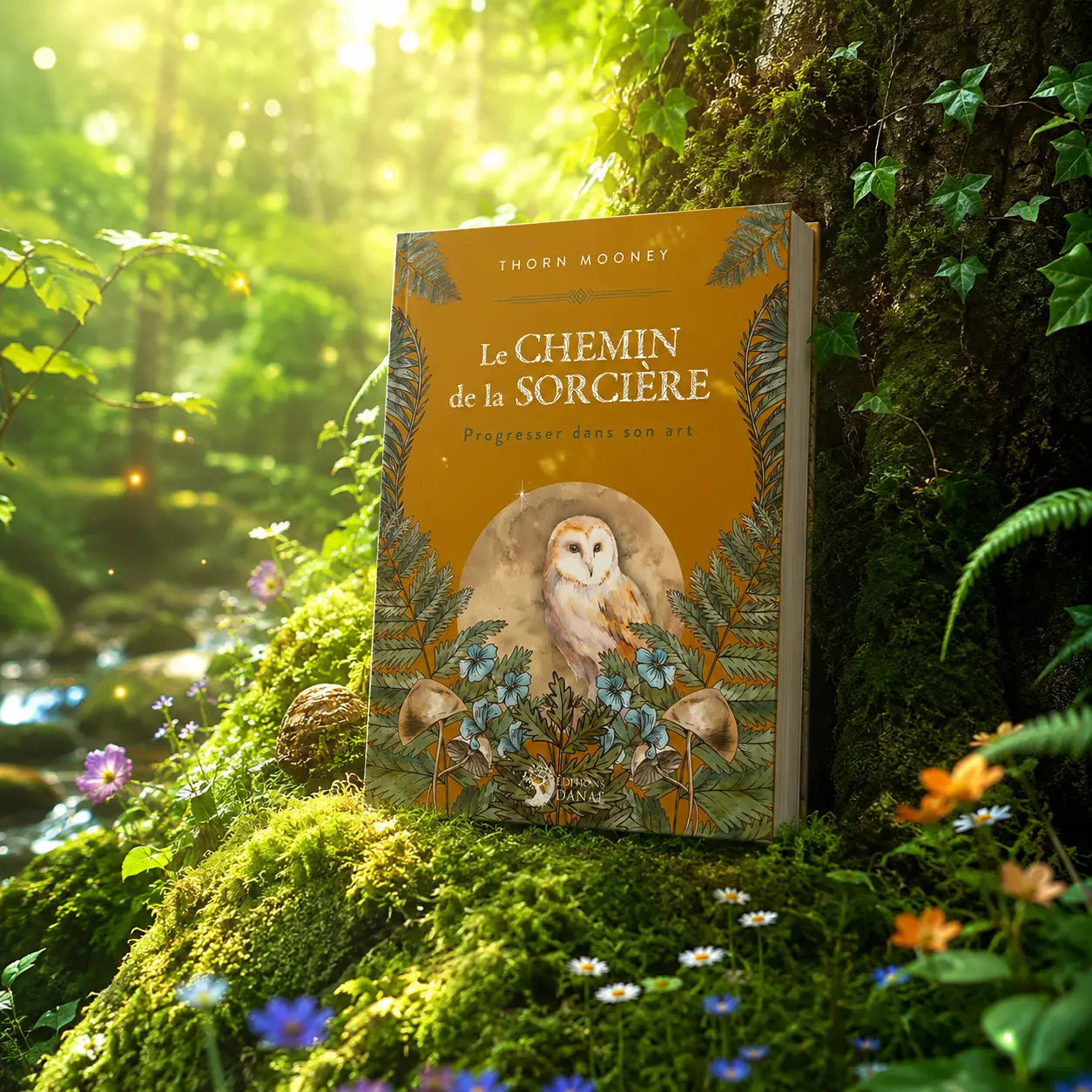 Livre Le Chemin de la Sorcière sur mousse sacrée au pied d'un arbre, entouré de fleurs violettes sous des rayons de soleil magiques.