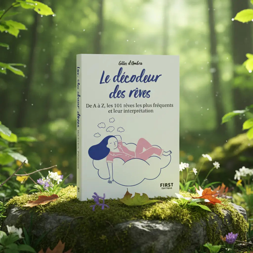 Livre blanc Le Décodeur des Rêves de Gilles d'Ambra posé sur un rocher moussu en forêt, illustré d'une femme dormant paisiblement sur un nuage bleu.