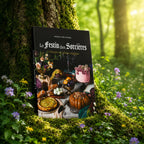 Livre Le Festin des Sorcières - Grimoire de Cuisine Magique sur mousse sacrée au pied d'un arbre, entouré de fleurs violettes sous des rayons de soleil magiques.