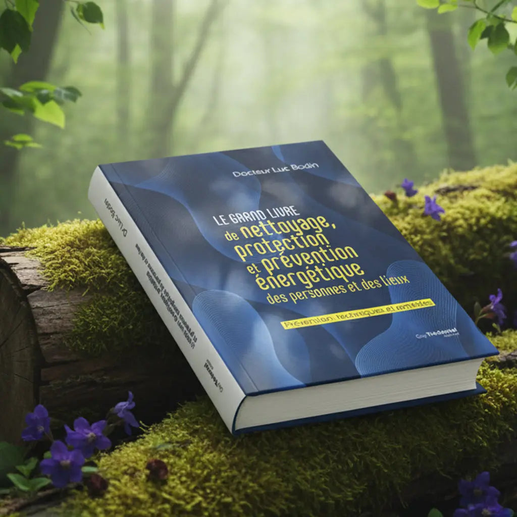 Livre bleu "Le Grand Livre de Nettoyage, Protection et Prévention Energétique" de Luc Bodin posé sur une souche moussue en forêt.