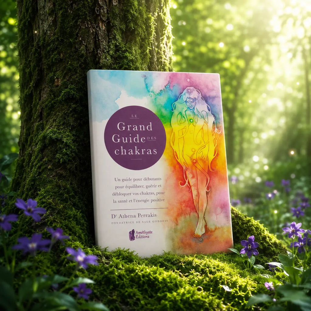 Livre Le Grand Guide des Chakras sur mousse sacrée au pied d'un arbre, entouré de fleurs violettes sous des rayons de soleil magiques.