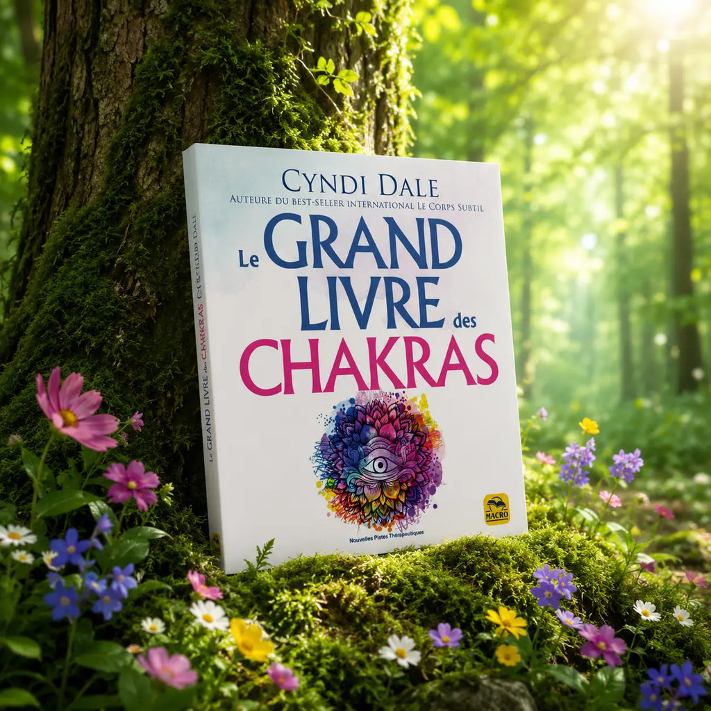 Livre Le Grand Livre des Chakras sur mousse sacrée au pied d'un arbre, entouré de fleurs violettes sous des rayons de soleil magiques.