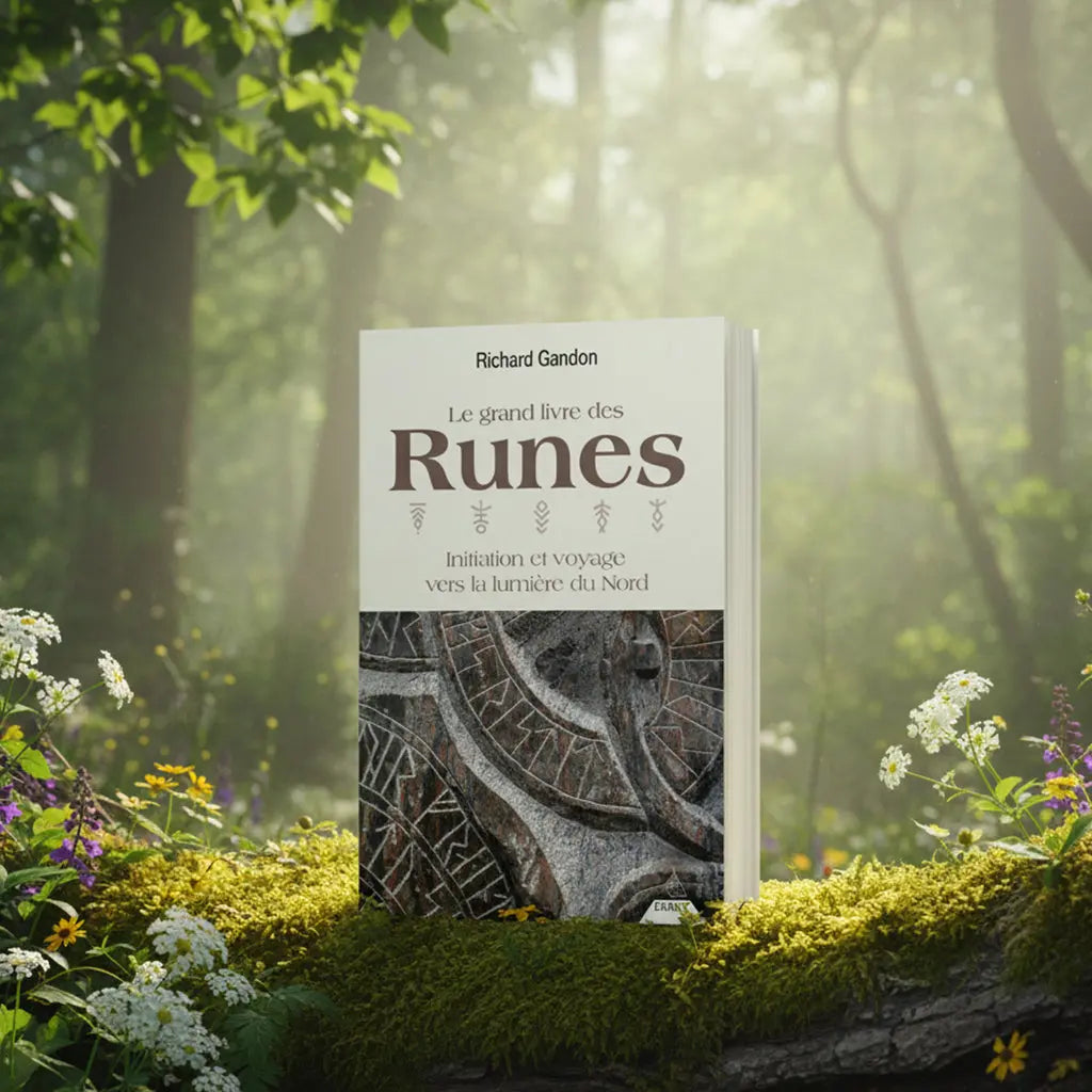 Livre blanc Le Grand Livre des Runes de Richard Gandon posé sur une souche, illustré de pierres gravées de symboles runiques anciens.